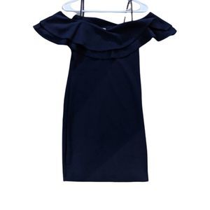NAVY BLUE BODYCON RUFFLE BARDOT DRESS